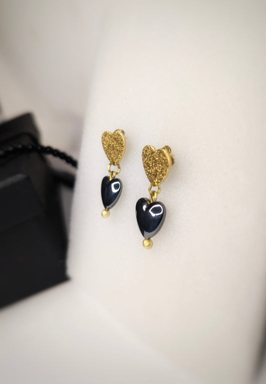 Golden Heart Hematite Glitter Earrings