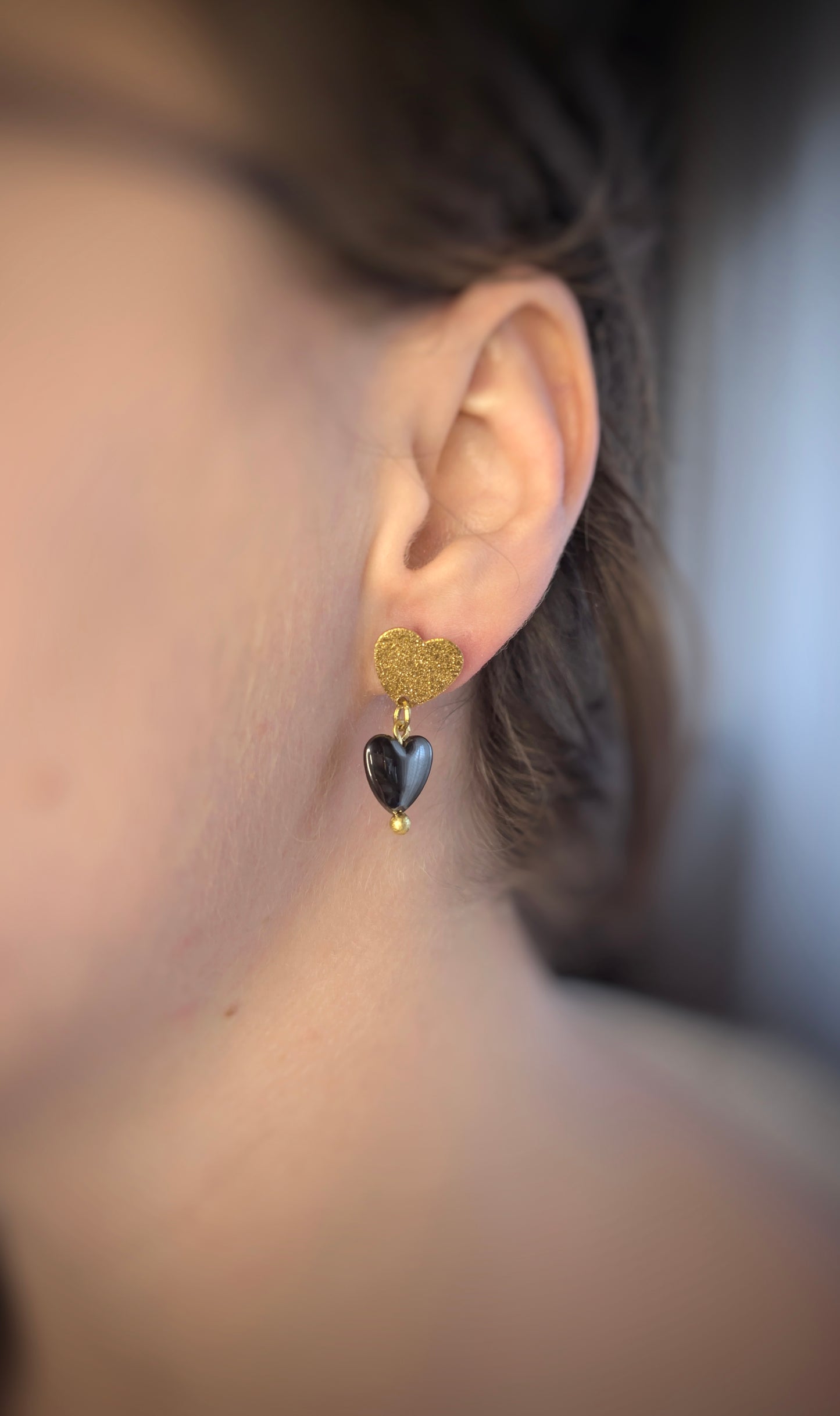 Golden Heart Hematite Glitter Earrings