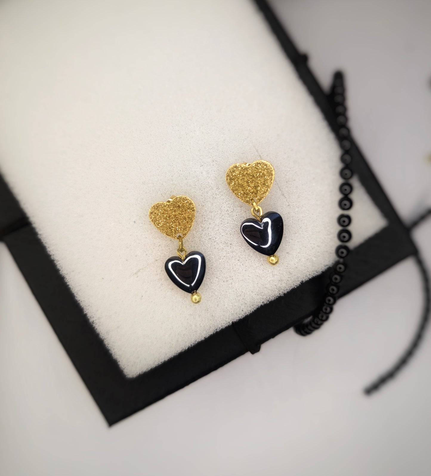 Golden Heart Hematite Glitter Earrings